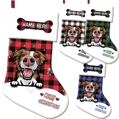 MALIHONG Funny Border Collie Dog Plaid Check Christmas Stocking Snowflake Pet Dog Bone Custom Name Gift Candy Bag Fireplace Hanging Decor Stocking 14.4"