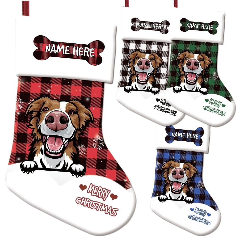 MALIHONG Funny Border Collie Dog Plaid Check Christmas Stocking Snowflake Pet Dog Bone Custom Name Gift Candy Bag Fireplace Hanging Decor Stocking 14.4"