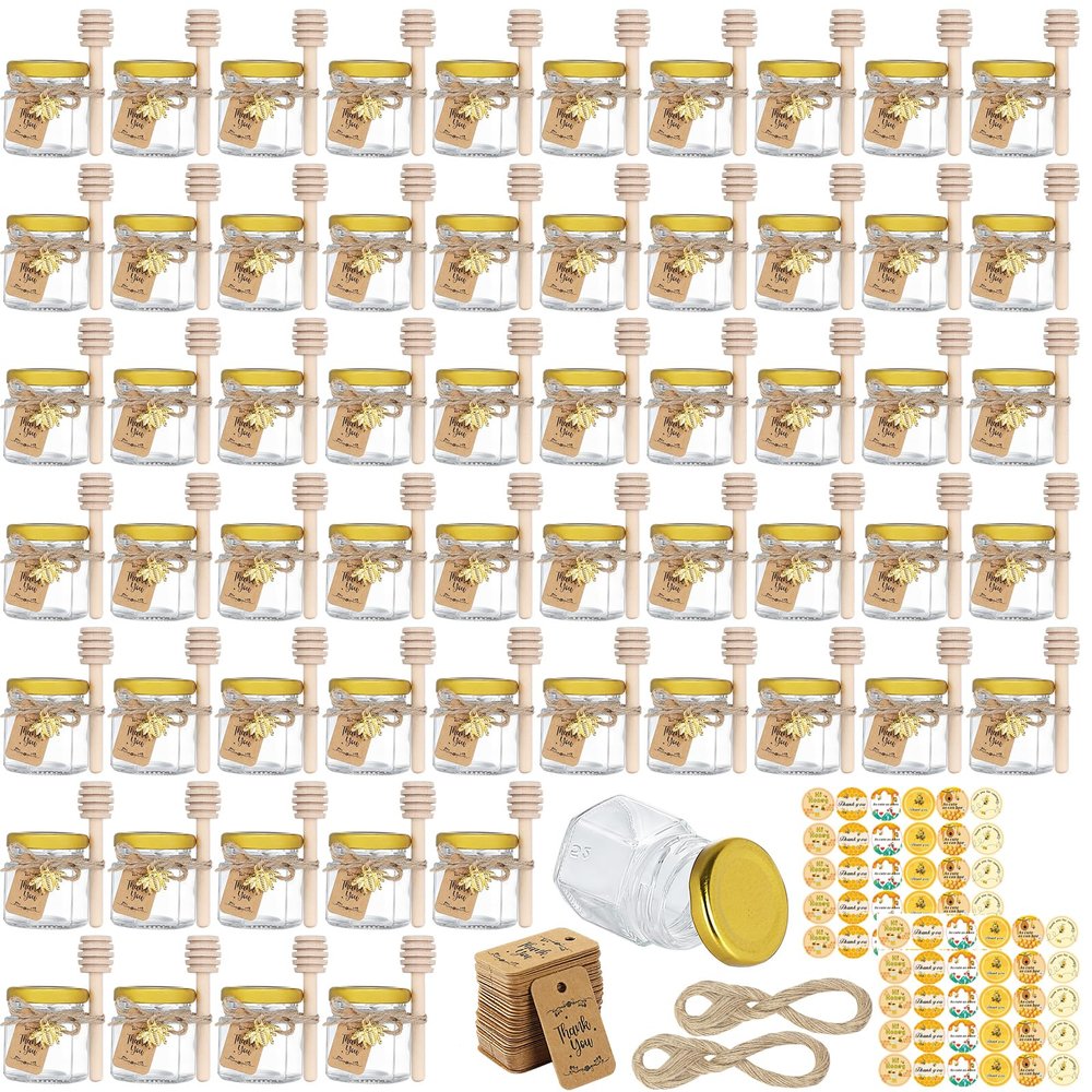CRTWDMAN 60 Pack Mini Honey Jars/Pot Metal Lids,1.5 oz Glass,Wooden Dippers,Bee Charms,Jutes,Stickers,Small,Tiny, Baby Shower Wedding Party Favors