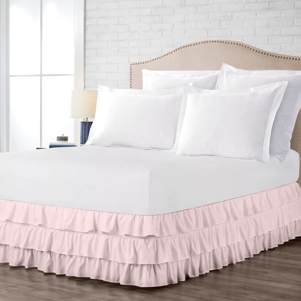 Bed Skirt - 100% Cotton 800 TC Multi-Ruffle Bed Skirt - Luxury Multi Ruffle Bed Skirt Elastic Dust Ruffles with Wrap Around Bed Skirt 15 Inch Tailored Drop, King, Pink