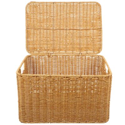 Happyyami Boxes Woven Storage Basket Wicker Storage Basket Rectangular Wicker Hamper Decorative Woven Basket Bin Baskets with Lids Storage Baskets with Shelf Rattan Picnic Basket Iron Frame