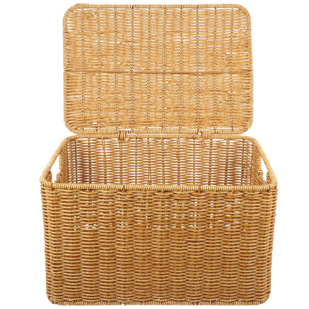 Happyyami Boxes Woven Storage Basket Wicker Storage Basket Rectangular Wicker Hamper Decorative Woven Basket Bin Baskets with Lids Storage Baskets with Shelf Rattan Picnic Basket Iron Frame