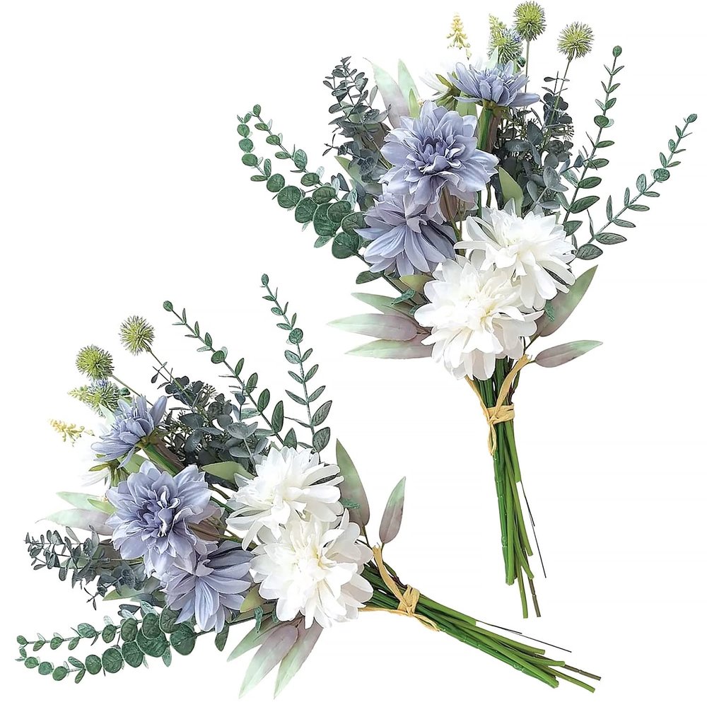 2 Packs Artificial Plants Flowers Faux Dahlia Purple Blue White 19.8" Stems Blossom Tall Plant Outdoor Floral Arrangement Rustic Decoration Centerpieces Home(Dahlia Purple Dusty Blue White Eucalyptus)