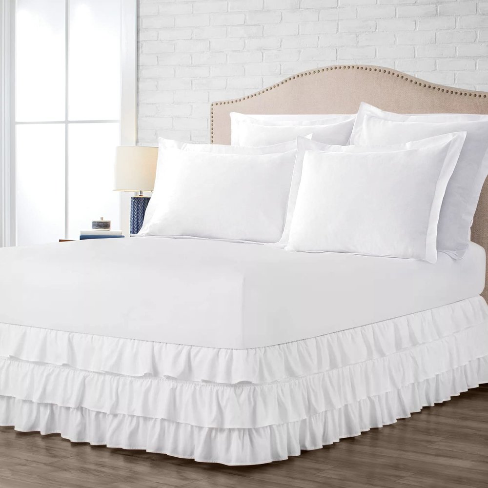 100% Cotton 800 TC Luxury Multi Ruffle Bed Skirt Elastic Dust Ruffles with Wrap Around Bed Skirt 18 Inch Tailored Drop, Twin, White