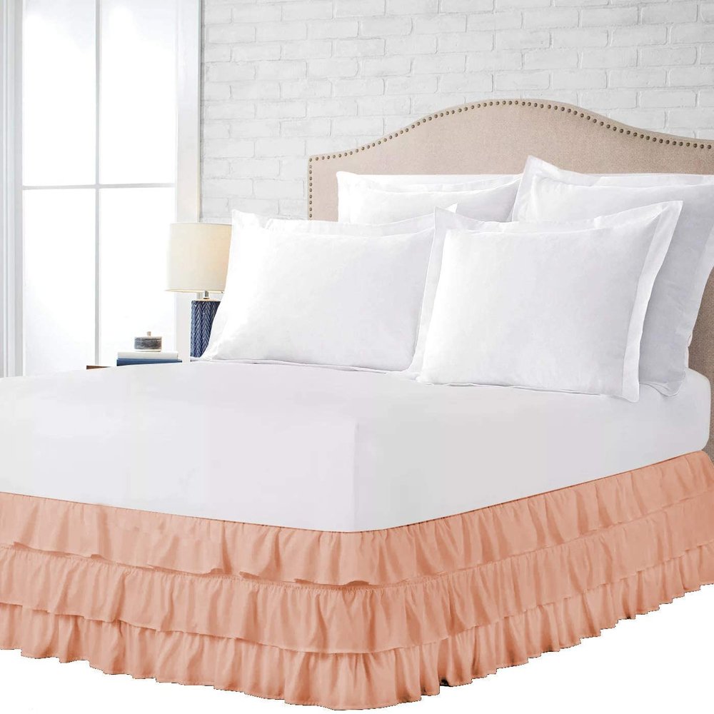 100% Cotton 800 TC Luxury Multi Ruffle Bed Skirt Elastic Dust Ruffles with Wrap Around Bed Skirt 18 Inch Tailored Drop, RV Bunk 42X80, Peach