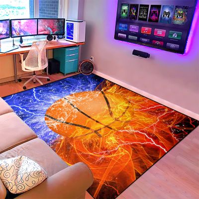 Basketball Carpet for Boys Room Basketball Room Decor Floor Rug Basketball Rug for Boys Bedroom Hipster Basketball Ball on Fire and Water Floor Mat, 2'6''4'
