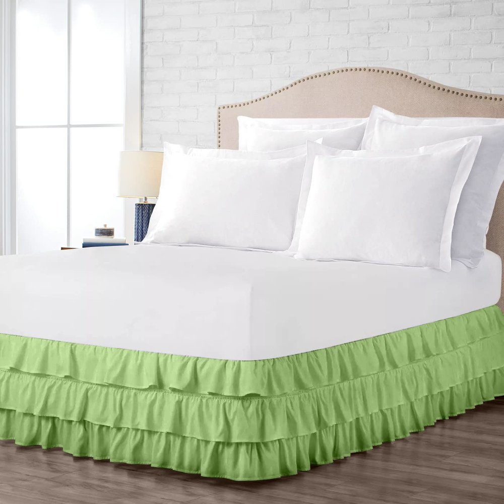 100% Cotton 800 TC Luxury Multi Ruffle Bed Skirt Elastic Dust Ruffles with Wrap Around Bed Skirt 18 Inch Tailored Drop, King, Sage