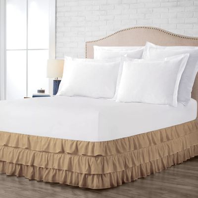 100% Cotton 800 TC Luxury Multi Ruffle Bed Skirt Elastic Dust Ruffles with Wrap Around Bed Skirt 18 Inch Tailored Drop, Twin XXL, Taupe