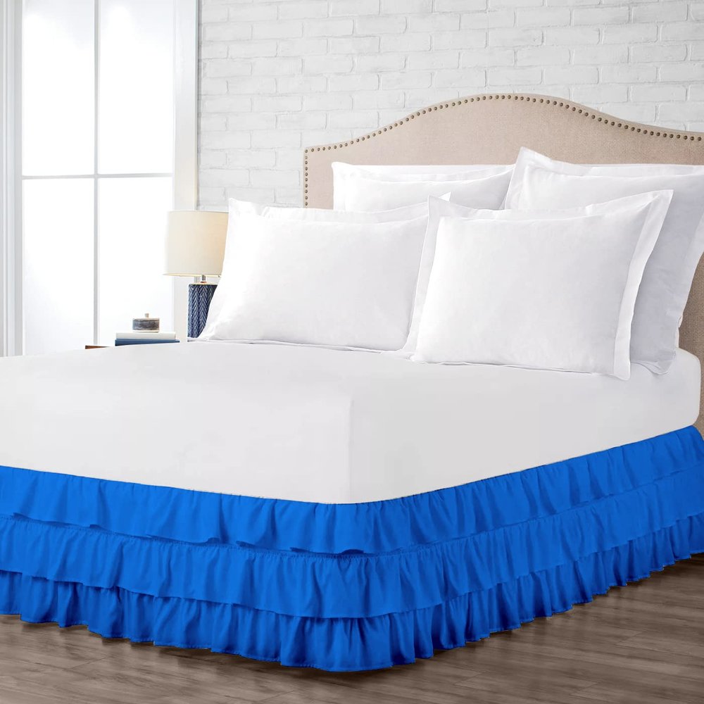 100% Cotton 800 TC Luxury Multi Ruffle Bed Skirt Elastic Dust Ruffles with Wrap Around Bed Skirt 18 Inch Tailored Drop, Twin, Royal Blue