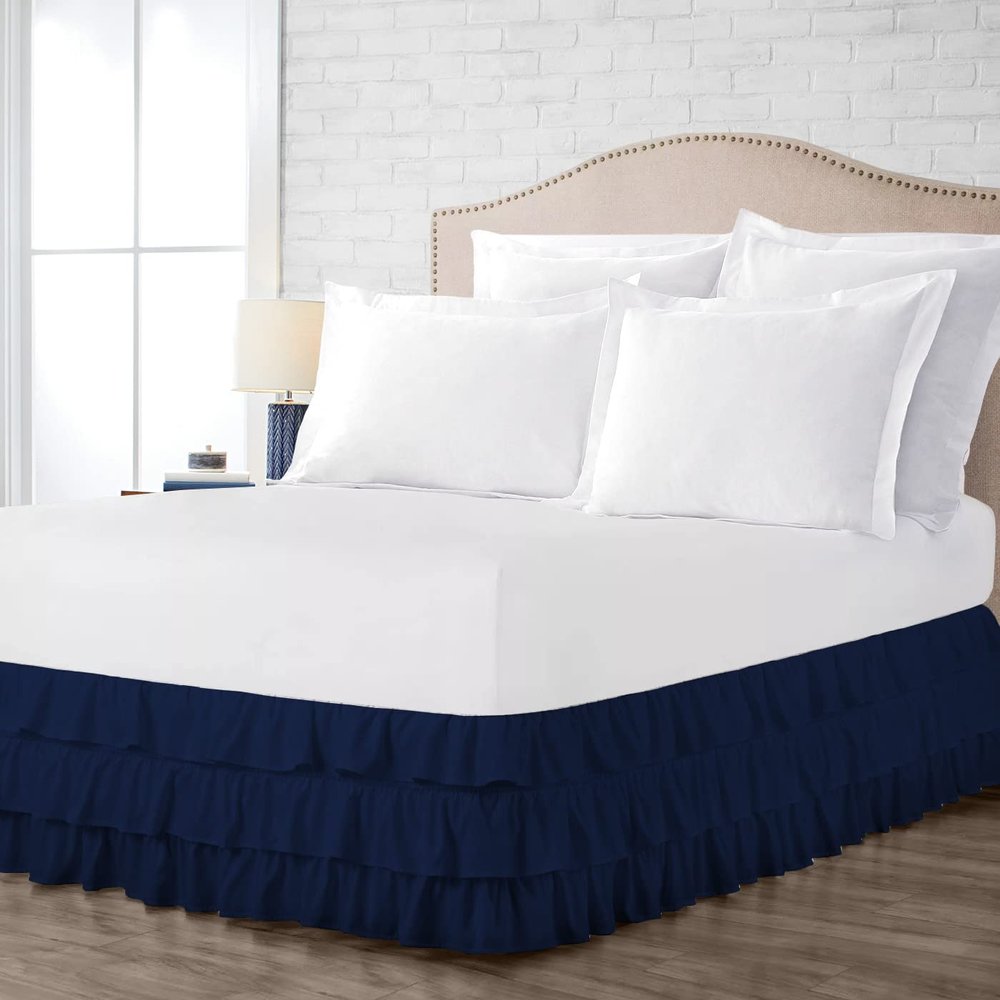 100% Cotton 800 TC Luxury Multi Ruffle Bed Skirt Elastic Dust Ruffles with Wrap Around Bed Skirt 18 Inch Tailored Drop, Twin XL, Navy Blue