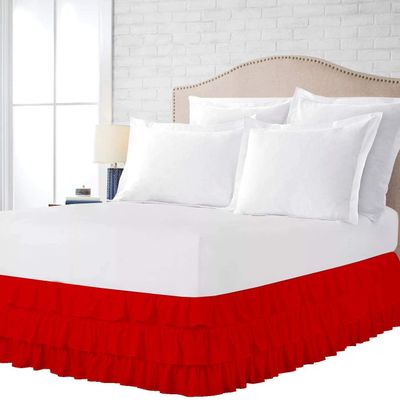100% Cotton 800 TC Luxury Multi Ruffle Bed Skirt Elastic Dust Ruffles with Wrap Around Bed Skirt 18 Inch Tailored Drop, Twin XL, Red