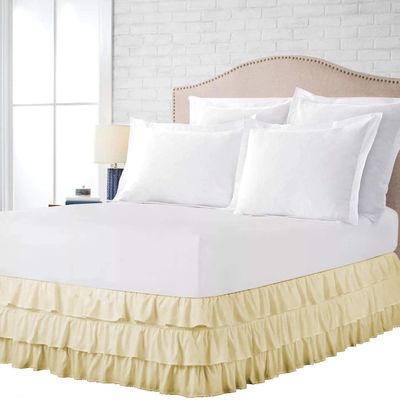 100% Cotton 800 TC Luxury Multi Ruffle Bed Skirt Elastic Dust Ruffles with Wrap Around Bed Skirt 18 Inch Tailored Drop, Short Queen, Ivory