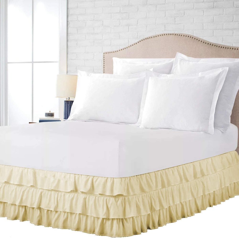 100% Cotton 800 TC Luxury Multi Ruffle Bed Skirt Elastic Dust Ruffles with Wrap Around Bed Skirt 18 Inch Tailored Drop, Short Queen, Ivory