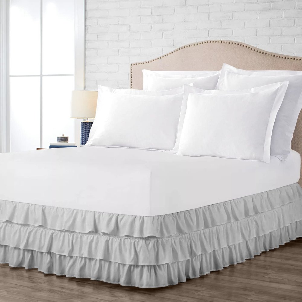 100% Cotton 800 TC Luxury Multi Ruffle Bed Skirt Elastic Dust Ruffles with Wrap Around Bed Skirt 18 Inch Tailored Drop, Twin XXL, Silver Grey
