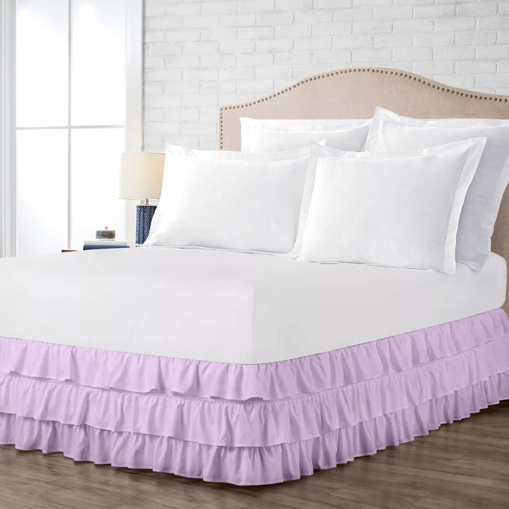100% Cotton 800 TC Luxury Multi Ruffle Bed Skirt Elastic Dust Ruffles with Wrap Around Bed Skirt 18 Inch Tailored Drop, Twin, Lilac
