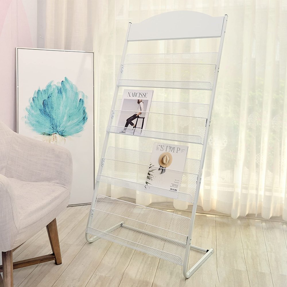 MTSON Magazine Holders for Shelves, Commercial Literature/Magazine Rack Single Storage Rack with 4 Mesh Pockets, for Trade Show, Exhibitions, School (Color : White)