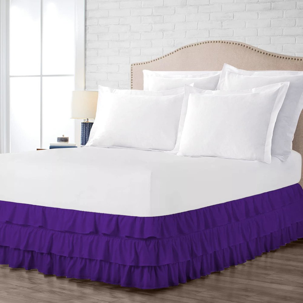 100% Cotton 800 TC Luxury Multi Ruffle Bed Skirt Elastic Dust Ruffles with Wrap Around Bed Skirt 18 Inch Tailored Drop, King XL, Purple