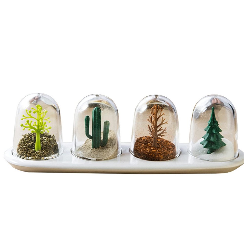 4Pcs Seasoning Storage Container, Kitchen Seasoning Jar with Tray Seasoning Shaker Four Seasons Design Cute Design Seasoning Shaker Kitchen Spice Jar Set for Home(A)