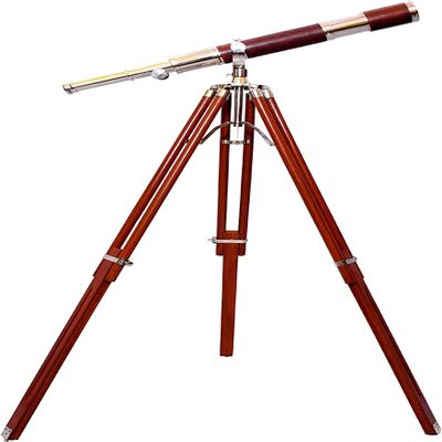 Royal Single Barrel Authentic Design Nickel Finish Leather Covered Brown Tripod Telescope