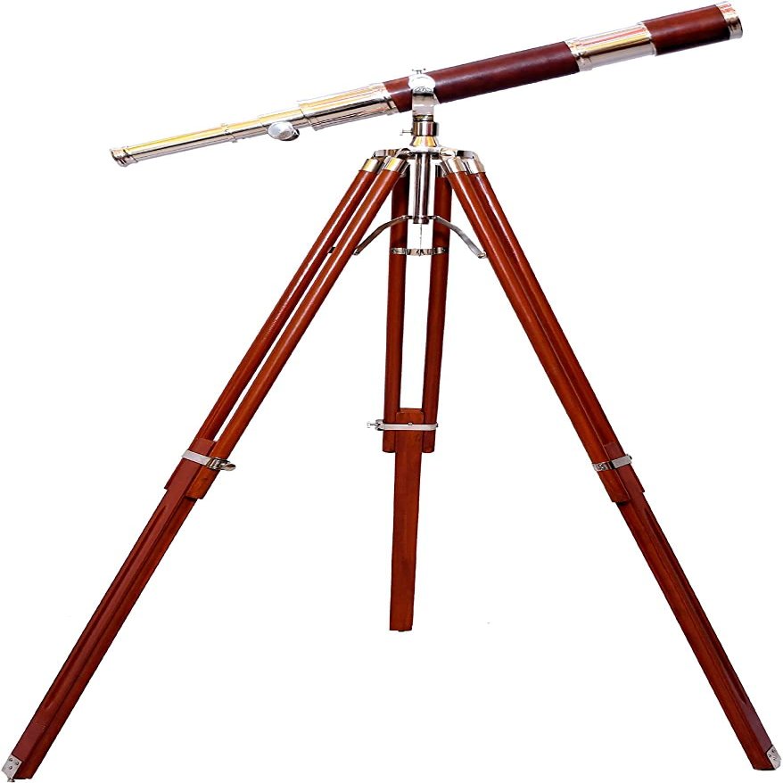 Royal Single Barrel Authentic Design Nickel Finish Leather Covered Brown Tripod Telescope