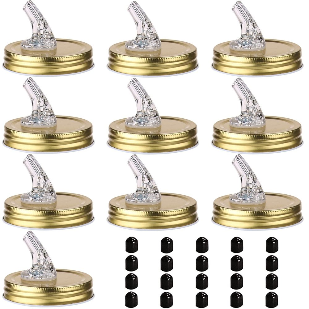 Mason Jar Pour Spouts. free flow Mason Jar Pour Spouts, mason jar for spout regular mouth size 70mm dispenser germination cover. Suitable for any liquid. LeakProof 10Pack + 20 Black Lid Caps (10