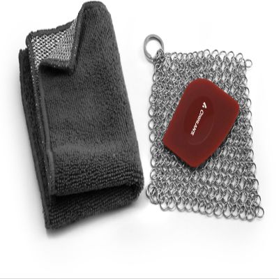 Coghlan's Cast Iron Cleaning Kit 3-Piece Set with Chainmail Scrubber, Polycarbonate Scraper & Dual-Sided Cloth Portable Cast Iron Cleaner for Camping, Hiking, or Home Use