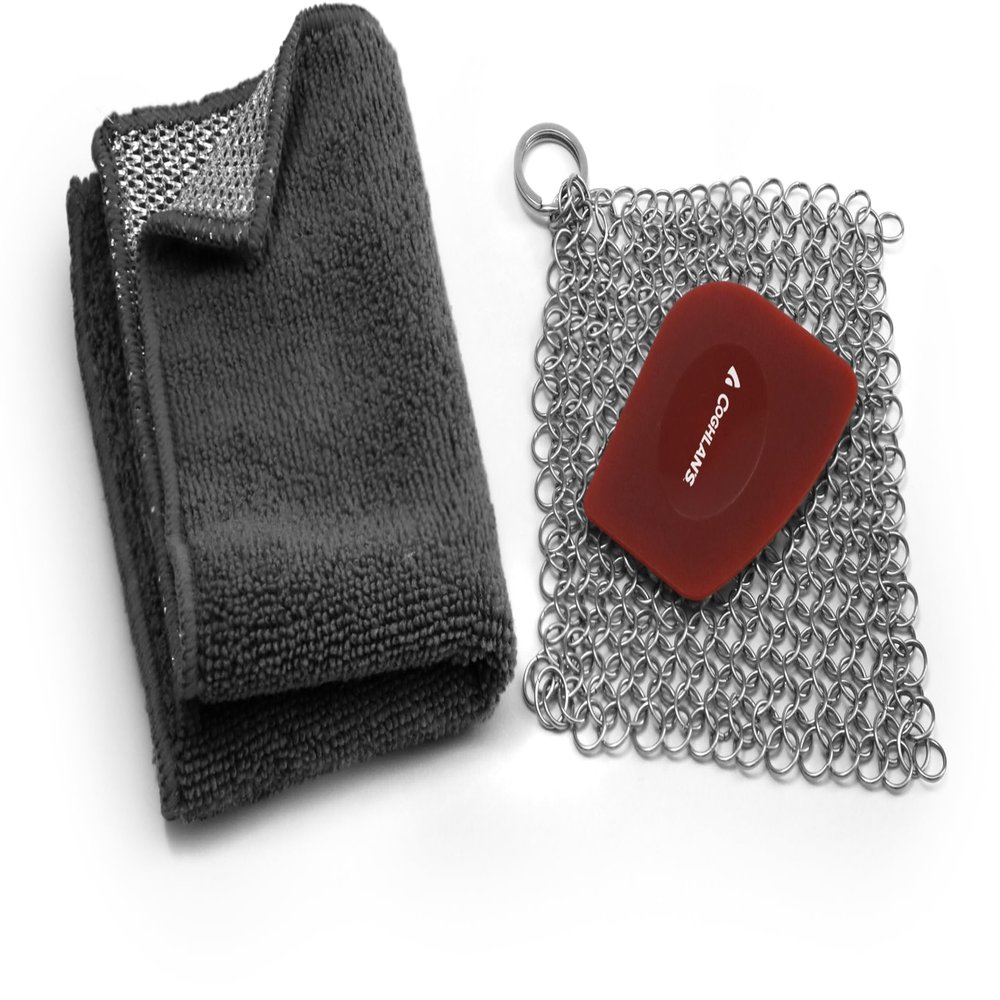 Coghlan's Cast Iron Cleaning Kit 3-Piece Set with Chainmail Scrubber, Polycarbonate Scraper & Dual-Sided Cloth Portable Cast Iron Cleaner for Camping, Hiking, or Home Use