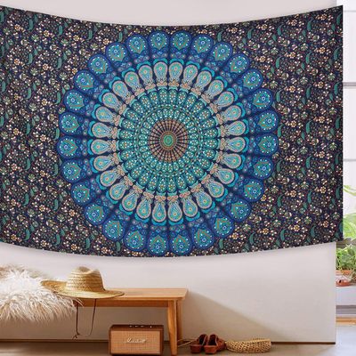 Peacock Wing Mandala Tapestry Wall Hanging Indian Cotton Tapestries Bedspread Picnic Beach Throw Blanket Wall Art Hippie Tapestry Bed Cover (Blue, 84 X 54 Inches (Twin)) By Indian Collectible