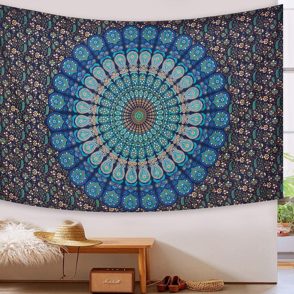 Peacock Wing Mandala Tapestry Wall Hanging Indian Cotton Tapestries Bedspread Picnic Beach Throw Blanket Wall Art Hippie Tapestry Bed Cover (Blue, 84 X 54 Inches (Twin)) By Indian Collectible