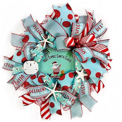 Santa on Paddle Board Coastal, Beach, Nautical Santa Christmas Wreath, Sand Dollar, Starfish, Seashells & Nautical Rope Knots, Bow