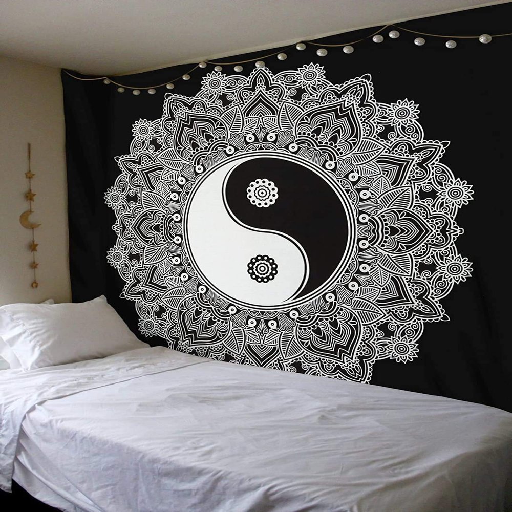 Tapestry Wall Hanging Indian Cotton Tapestries Bedspread Picnic Beach Throw Blanket Wall Art Hippie Tapestry Bed Cover (Black & White, 84 X 54 Inches (Twin)) By Indian Collectible
