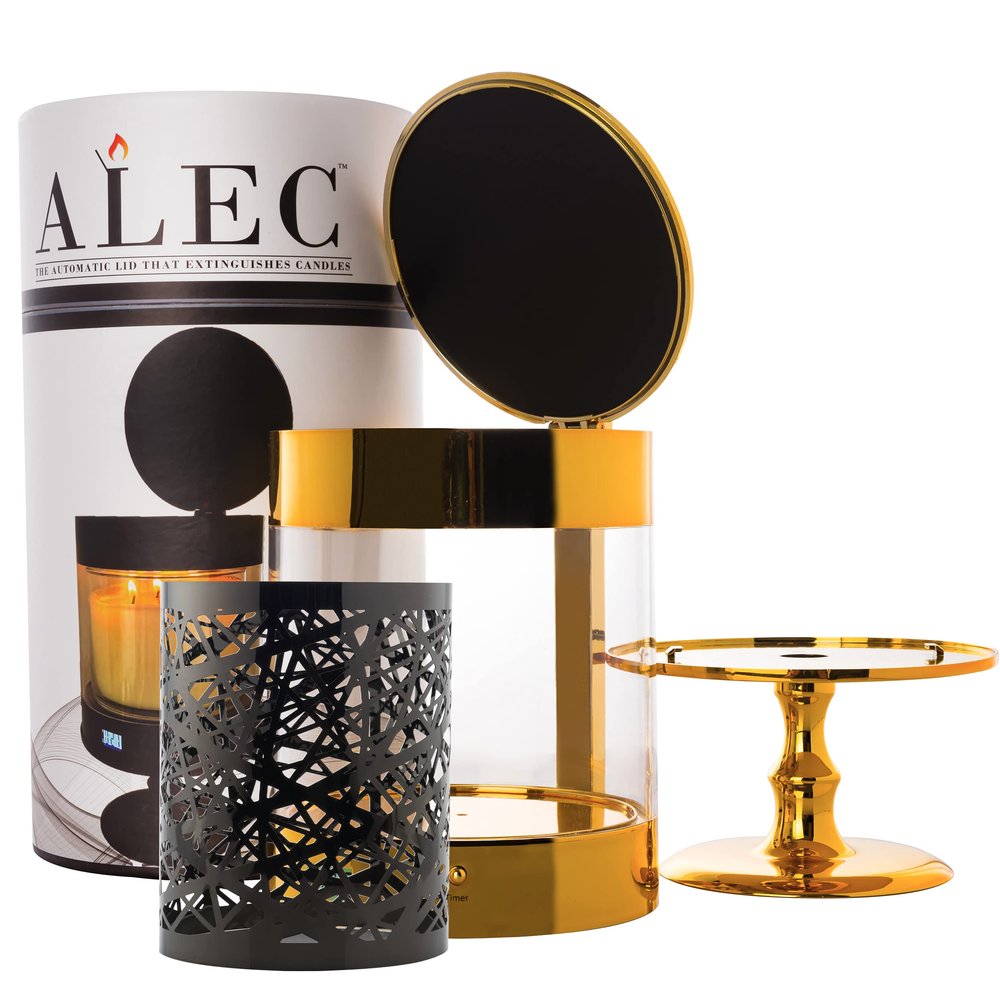 ALEC (Old Plastic Model) Clear Hurricane Automatic Candle Holder & Extinguisher with Rechargeable Timer Lid & Stand w/Decorative Insert | Small Gold Pillar & Votive Candle Holder for Home Centerpiece