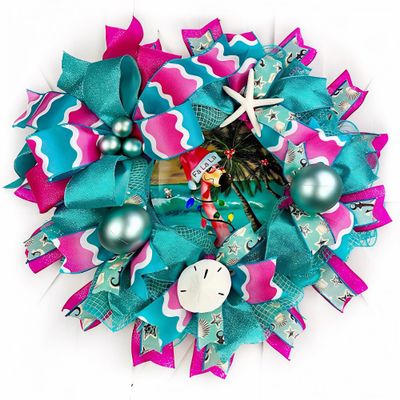 FA La La Flamingo Christmas Coastal, Beach, Nautical Christmas Wreath, Sand Dollar, Starfish, Ornaments, Bow