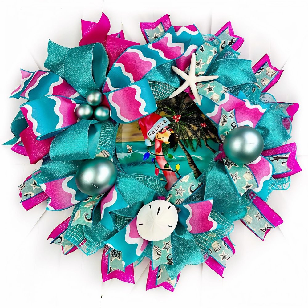 FA La La Flamingo Christmas Coastal, Beach, Nautical Christmas Wreath, Sand Dollar, Starfish, Ornaments, Bow
