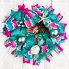 FA La La Flamingo Christmas Coastal, Beach, Nautical Christmas Wreath, Sand Dollar, Starfish, Ornaments, Bow view 2