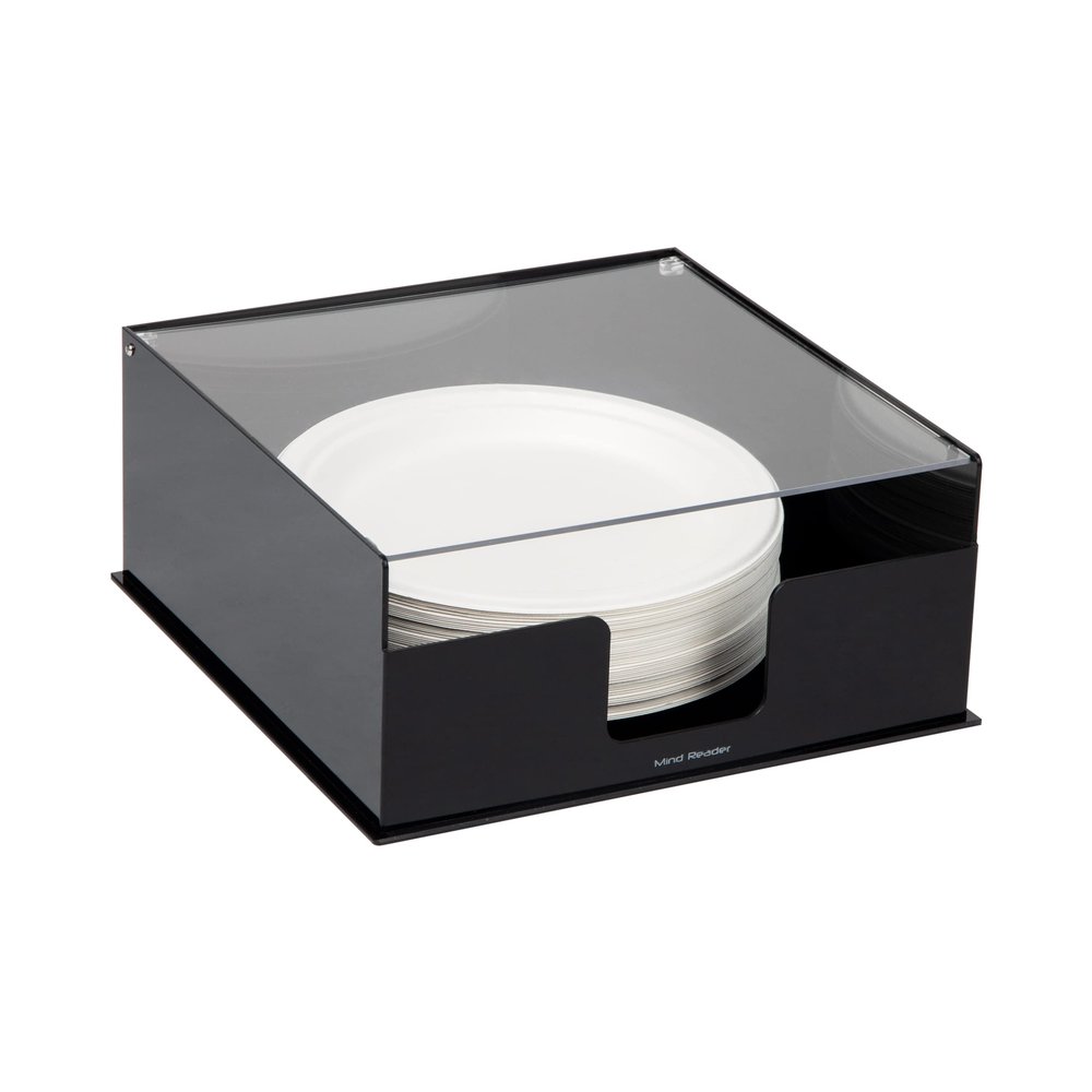 Mind Reader Paper Plate Holder, Covered Dispenser, Dinner Party Essentials, Plate Caddy, Acrylic, 11"L x 11"W x 5"H, Black