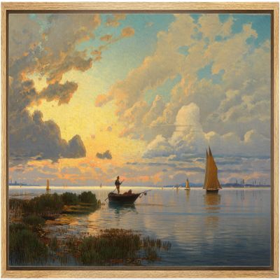 SIGNLEADER Framed Canvas Print Wall Art Sunset Over Boat Ship in Ocean Sea Nature Wilderness Illustrations Fine Art Decorative Landscape Colorful for Living Room, Bedroom, Office - 16"x24" NATURAL