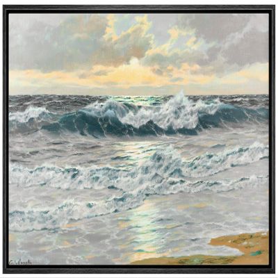 SIGNLEADER Framed Canvas Print Wall Art Blue Ocean Beach Shore Sea Waves Nature Wilderness Illustrations Fine Art Decorative Landscape Colorful for Living Room, Bedroom, Office - 16"x24" Black