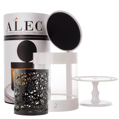 ALEC (Old Plastic Model) Clear Hurricane Automatic Candle Holder & Extinguisher with Rechargeable Timer Lid & Stand w/Decorative Insert | Small White Pillar Votive Candle Holder for Home Centerpiece