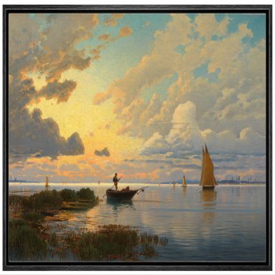 SIGNLEADER Framed Canvas Print Wall Art Sunset Over Boat Ship in Ocean Sea Nature Wilderness Illustrations Fine Art Decorative Landscape Colorful for Living Room, Bedroom, Office - 16"x24" BLACK