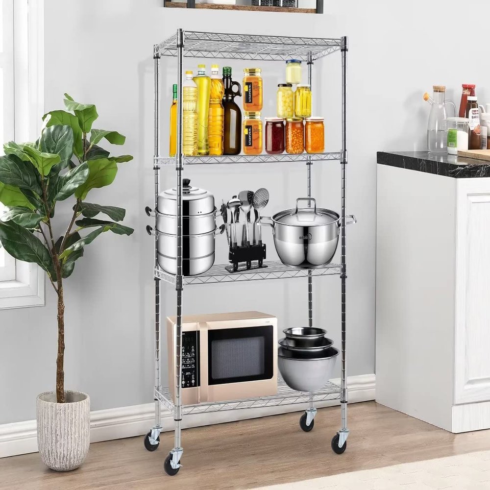 4-Tier Storage Shelves, Wire Shelving Shelf Organizer Height Adjustable Heavy Duty Metal Shelving with Wheels,NSF Certified 36""L*14""W*62""H" Shelving Unit for Kitchen,Bathroom,Office(CHROME)
