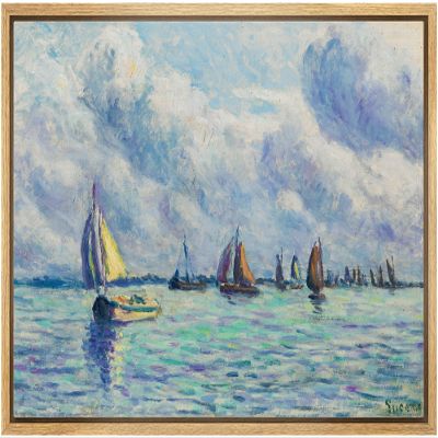 SIGNLEADER Framed Canvas Print Wall Art Pastel Blue Ocean Sea Sailboat Ship Nature Wilderness Illustrations Fine Art Decorative Landscape Colorful for Living Room, Bedroom, Office - 16"x24" Natural