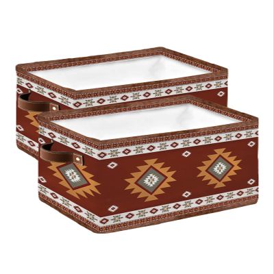 2 PCS Large Storage Baskets Bins Southwest Boho Collapsible Storage Box Laundry Organizer for Closet Shelf Nursery Kids Bedroom Vintage Brown Abstract Geometric Native American Tribal