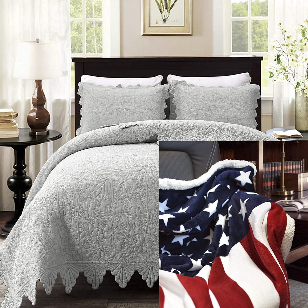 Brandream Luxury Farmhouse Bedding Set Grey Quilt Set Queen Size Cotton Quilted Bedspread Set 4-Piece