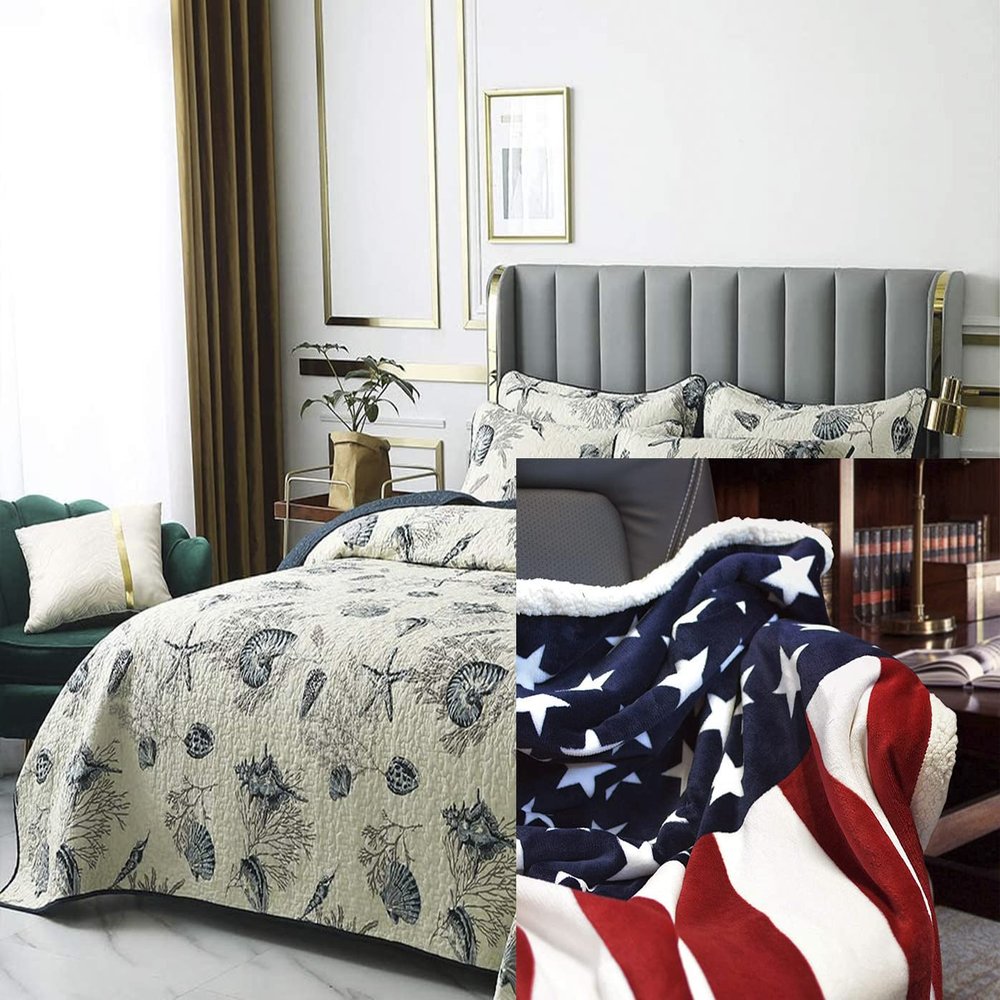 Brandream Coastal Seashell Beach Bedding Quilt Set Nautical Coverlet Set King Size Cotton 4-Piece