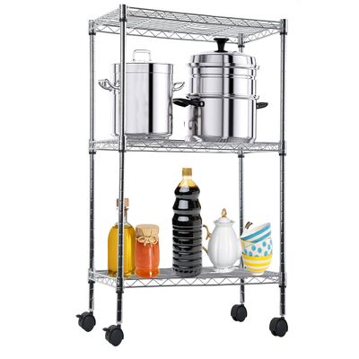3 Tier Shelves for Storage, 450 lbs Storage Shelves Metal Shelving with Wheels Steel Shelving Unit Heavy Duty Wire Shelving Adjustable Storage Rack for Kitchen Laundry 23"L*13"W*32"H Chrome