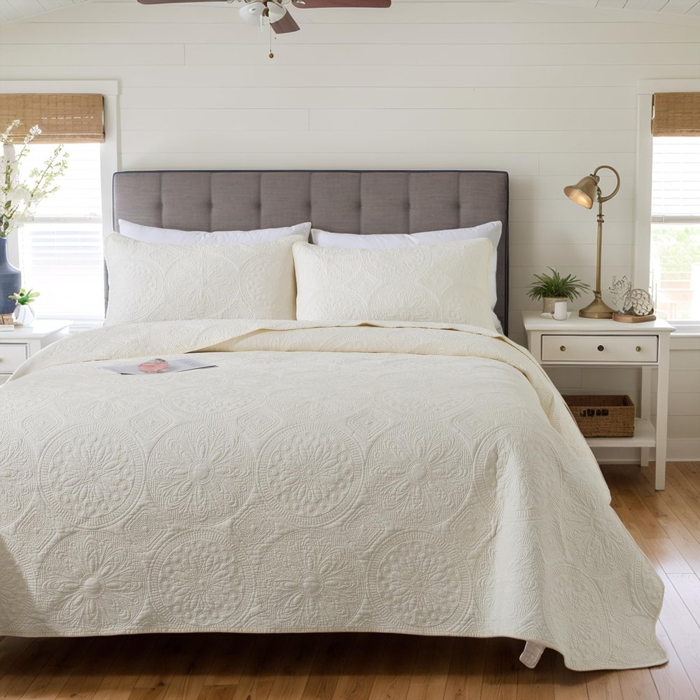 Brandream King Size Quilt Set Cotton Cream Pale Yellow Boho Medallion Matelasse Coverlet Set Elegant Fall Quilts 3-Piece