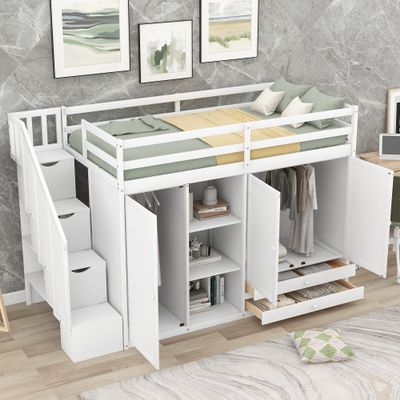 Harper & Bright Designs Twin Size Loft Bed with 2 Wardrobes, 2 Drawers, 3 Shelves and Storage Staircase, Solid Wood Multi-Function Loft Bed with Full Length Guardrail, White