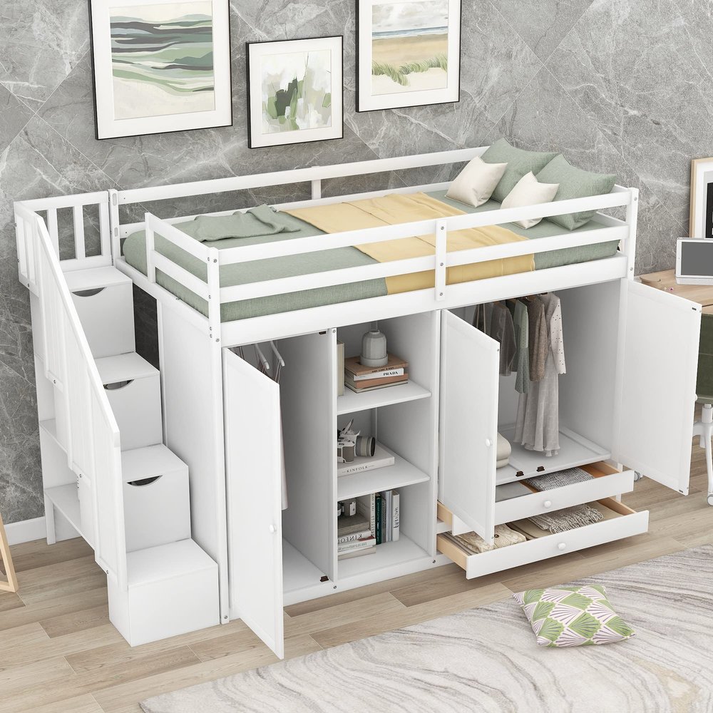 Harper & Bright Designs Twin Size Loft Bed with 2 Wardrobes, 2 Drawers, 3 Shelves and Storage Staircase, Solid Wood Multi-Function Loft Bed with Full Length Guardrail, White