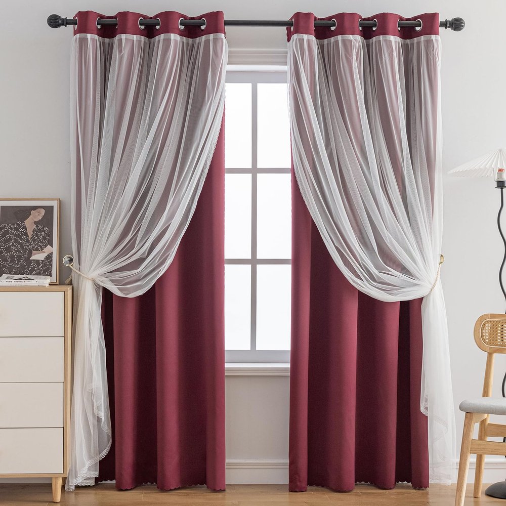 Anytime Home Curtains Blackout and Sheer Layered Solid Window Curtain Panel Pair with Grommet Top, 52Wx63L,Wine Red